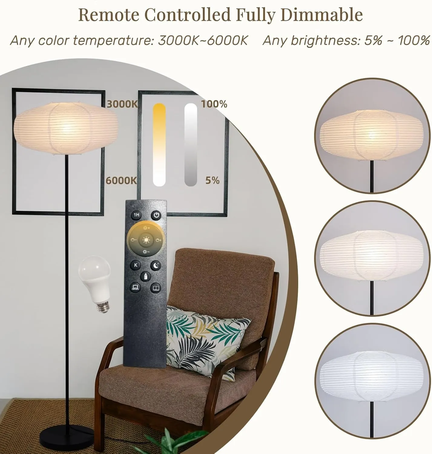 Dimmable Paper Floor Lamp, 58 Inch Tall Lamp for Living Room, White Rice Paper Lantern Lamp, Remote Modern Standing Floor Lamp Beside Sofa with Warm and Soft Lighting for Bedroom/Office