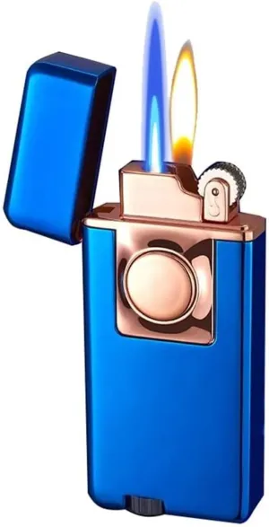 Direct Jet Torch Soft Flame, Windproof Dual Flame Jet Torch Lighter Butane Fuel Refillable Lighter for Camping, Candles and More (No Gas) ((Blue)