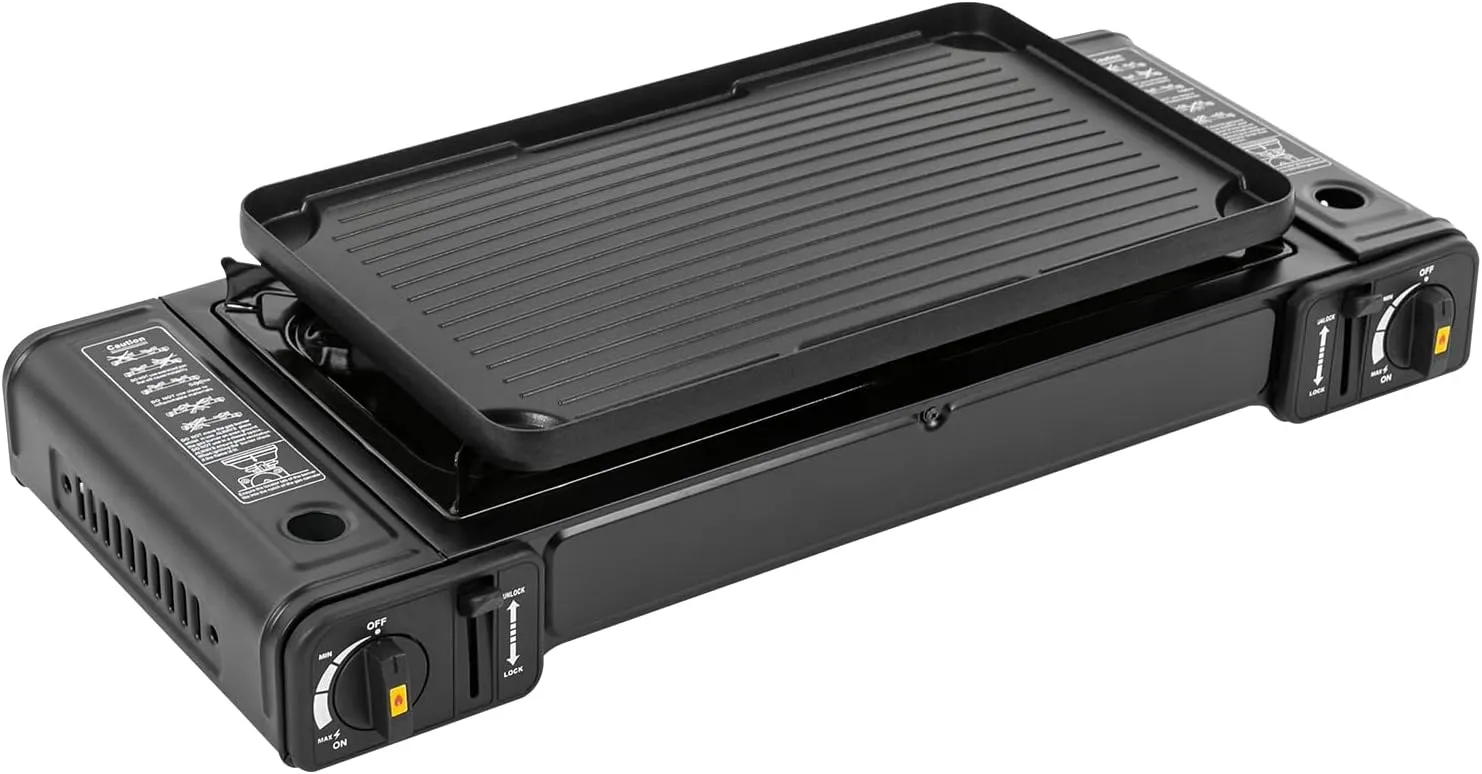 Double-Burner Barbecue Gas Stove, Portable Camping Stove with Grill Pan and Carrying Box, Suitable for Outdoor Camping, Black