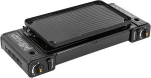 Double-Burner Barbecue Gas Stove, Portable Camping Stove with Grill Pan and Carrying Box, Suitable for Outdoor Camping, Black