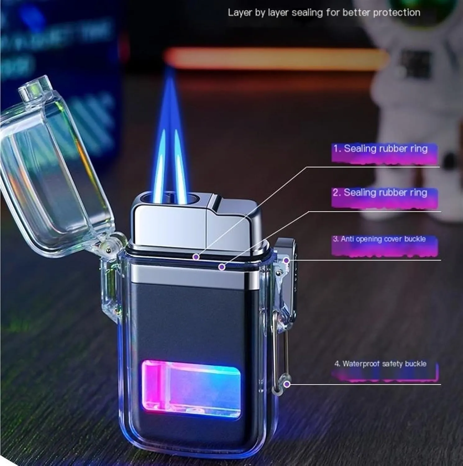 Double-ended flush lighter, waterproof transparent box lighter, windproof butane lighter, adjustable flame size lighter (without butane)(Orange)