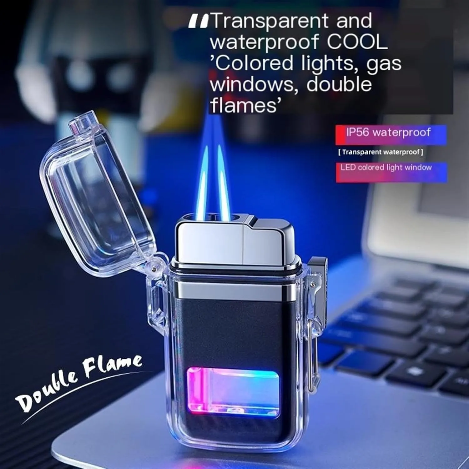 Double-ended flush lighter, waterproof transparent box lighter, windproof butane lighter, adjustable flame size lighter (without butane)(Orange)