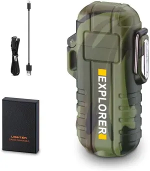 Dual Arc Plasma Electric Waterproof lighter, USB rechargeable lighter Waterproof and Windproof with Flashlight cool lighters for men(Green)