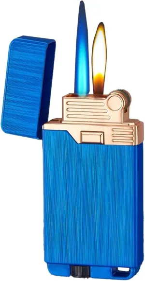Dual Flame Lighter, 2-in-1 Lighter with Soft Frame and Jet Flame, Refillable Adjustable Gas Lighter, Portable Survival Lighter for Outdoor Camping Hiking BBQ Candle (Butane Not Included)(Blue)