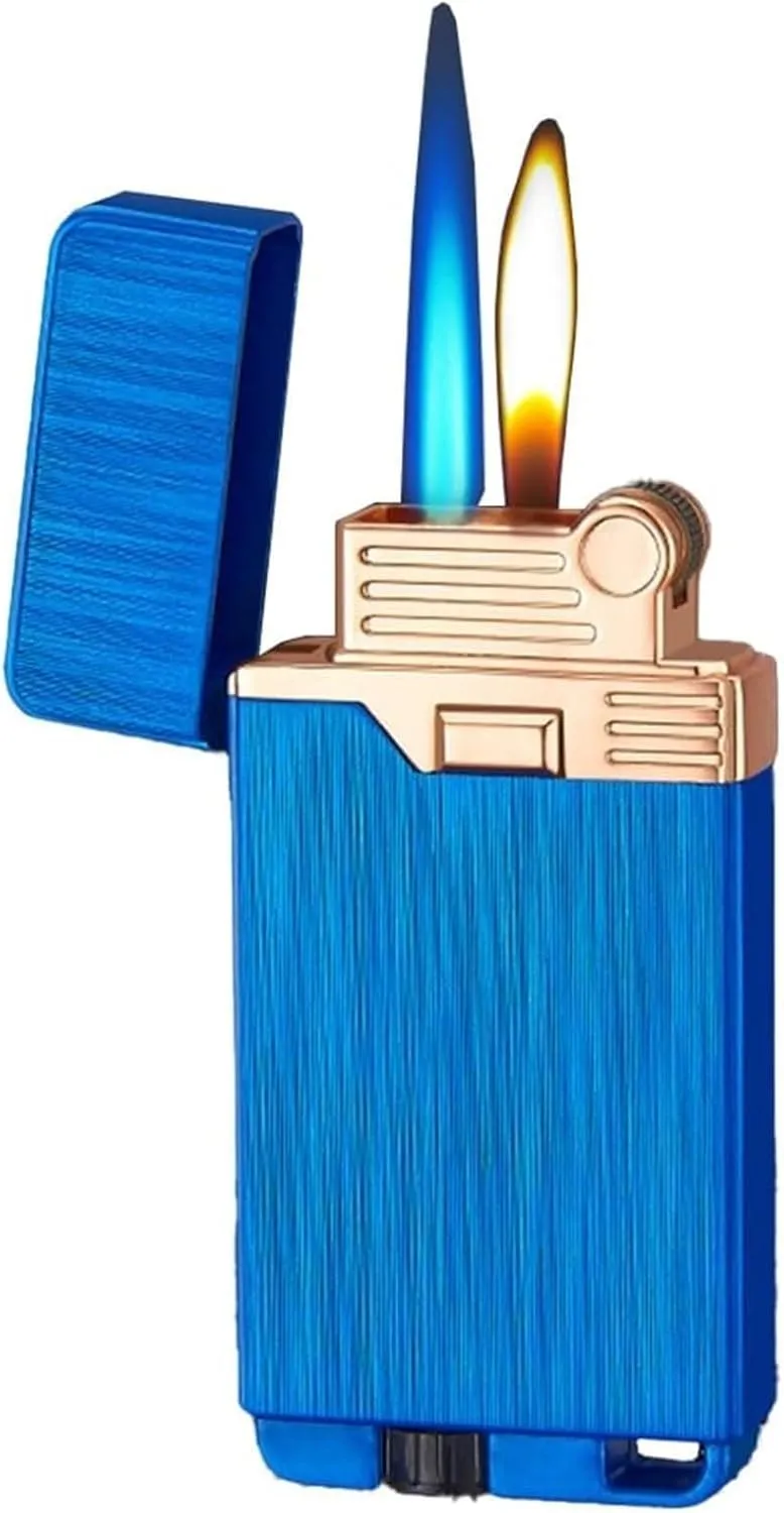 Dual Flame Lighter, 2-in-1 Lighter with Soft Frame and Jet Flame, Refillable Adjustable Gas Lighter, Portable Survival Lighter for Outdoor Camping Hiking BBQ Candle (Butane Not Included)(Blue)