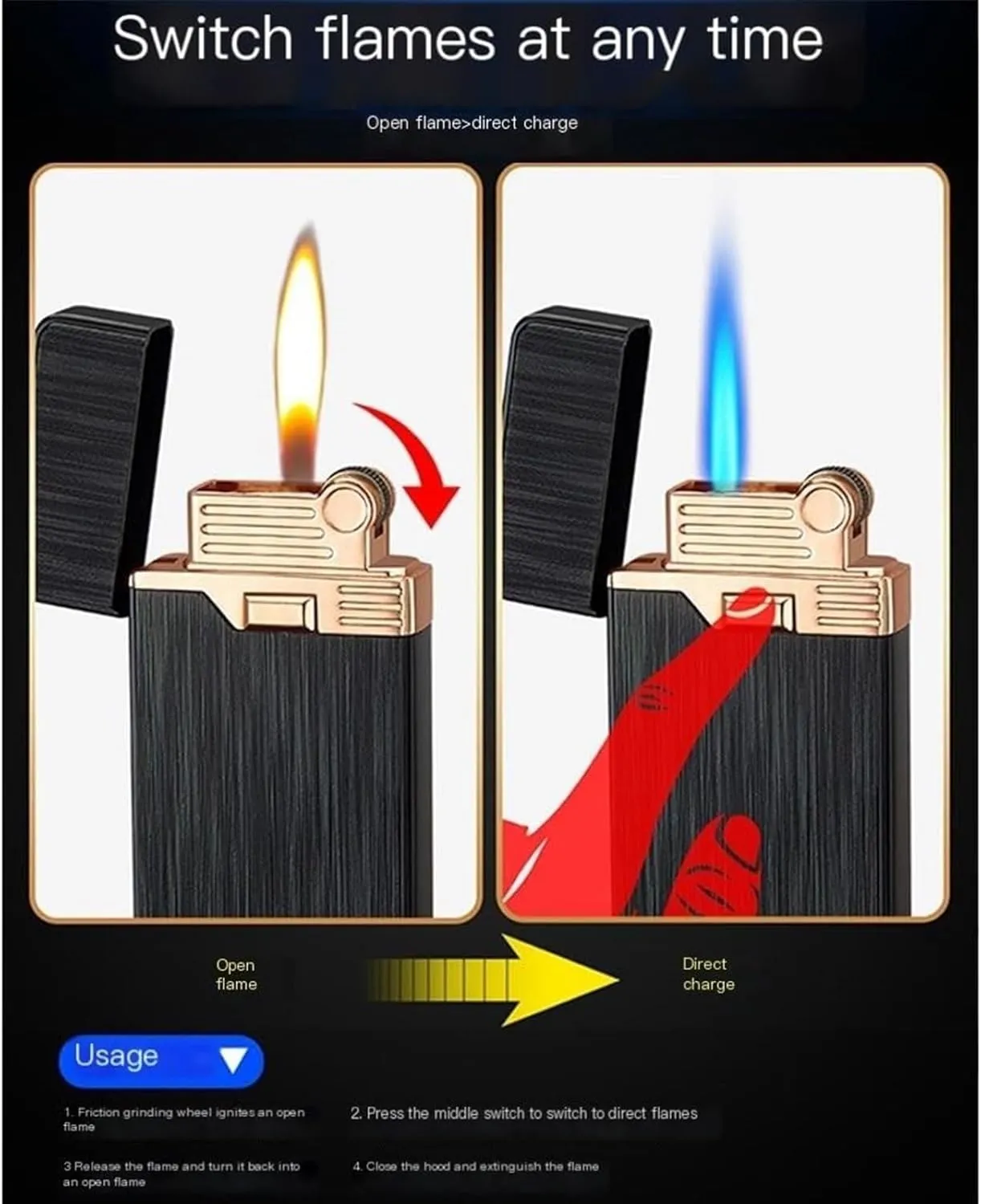 Dual Flame Lighter, 2-in-1 Lighter with Soft Frame and Jet Flame, Refillable Adjustable Gas Lighter, Portable Survival Lighter for Outdoor Camping Hiking BBQ Candle (Butane Not Included)(Blue)