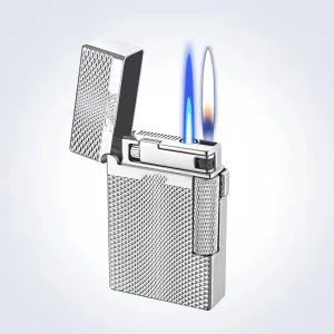 Dual Flame Mode Windproof Refillable Lighter, Jet Torch Soft Flame Lighter for Outdoor Camping Men Gifts (No Butane)(Silver2)