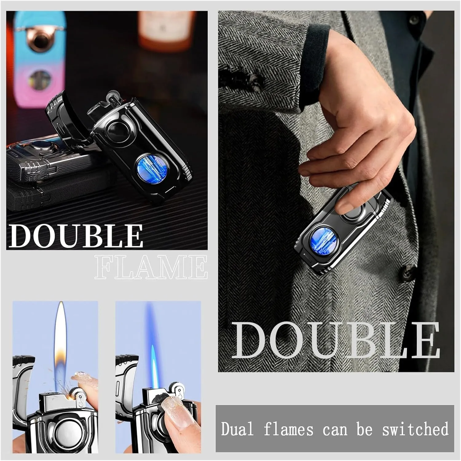 Dual Flame switchable with Transparent air Window Adjustable refillable with Torch Lighter, Camping Candle Hiking (Butane is not Included)(White)