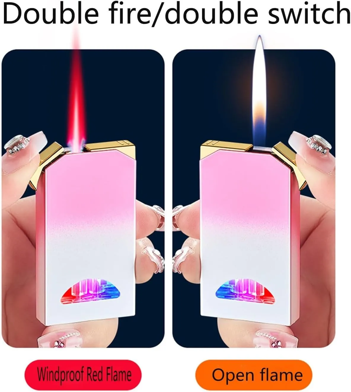 Dual Flame Torch Lighter, switchable Between Windproof red Flame and Soft Flame Visible Fuel Window Suitable for Outdoor Camping Candles(Blue)