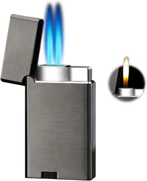Dual Flame, Windproof Lighter, Soft Flame Fuel Window Lighter Butane Metal Lighter, Jet Flame Lighter, Adjustable Flame Lighter for Candles, Camping, Indoor and Outdoor(Silver)