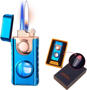 Dual Flame Windproof Lighter with Visible Fuel Tank, Metal Portable Lighter, Adjustable Soft Flame and Jet Flame 2 in 1, Refillable Butane Lighter for Outdoor Camping Collectible Gift(D)