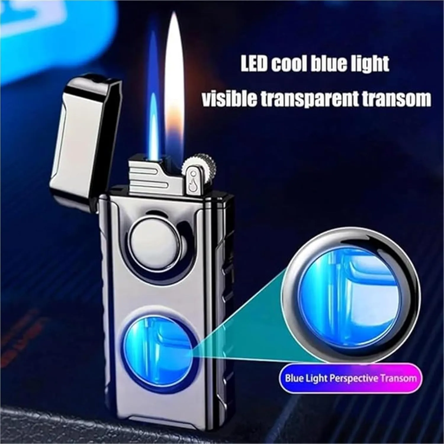 Dual Flame Windproof Lighter with Visible Fuel Tank, Metal Portable Lighter, Adjustable Soft Flame and Jet Flame 2 in 1, Refillable Butane Lighter for Outdoor Camping Collectible Gift(D)