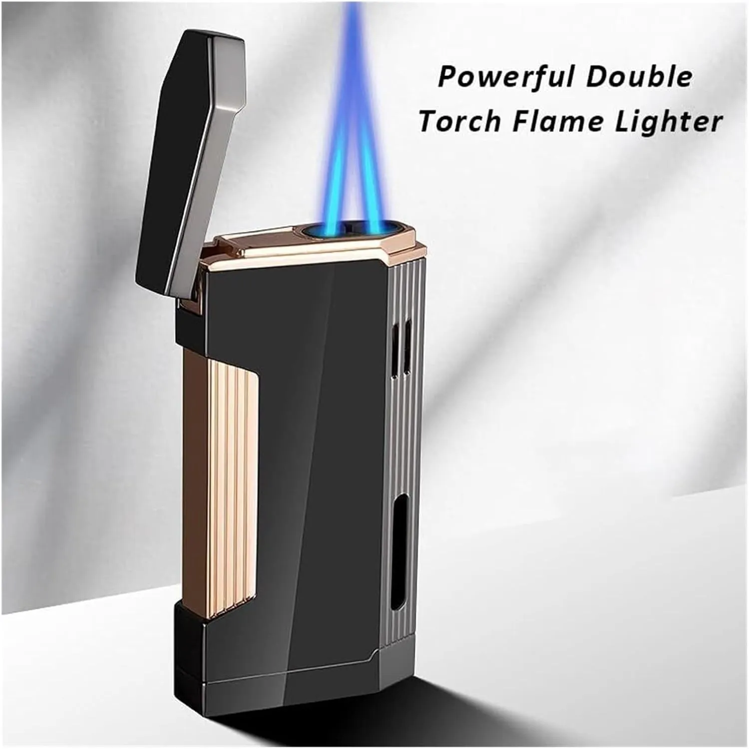 Dual Nozzle Flame Butane Refill Gas Windproof Lighter, Dual Flame Jet Torch Lighter with Gas Window Lighter, Men's Gift for Family and Friends (Fuel Not Included)(Silver)
