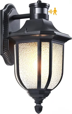 Dusk to Dawn Motion Sensor Outdoor Lighting - Black Exterior Wall Lantern with Frosted Glass - Front Door Mount Porch Light Fixtures - Wall Lights for House Garage Patio - Outside Farmhouse Sconce