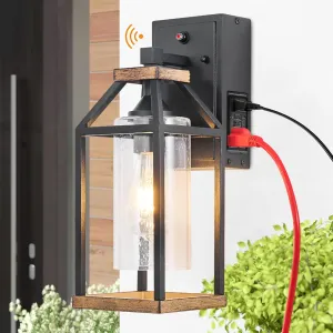 Dusk to Dawn Motion Sensor Outdoor Porch Light with GFCI Outlet,Anti-Rust Waterproof Industrial Outdoor Lantern,UL ETL Listed,Exterior Work Lights Rustic Wall Light (Brown-Photocell Sensor)