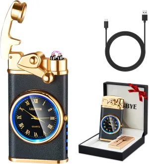 Electric Lighter USB Rechargeable Lighter, Windproof Dual Arc Plasma Lighter Lighter, Flameless Electronic Cool Lighters with LED Battery Indication for Men (Matte Black Clock)
