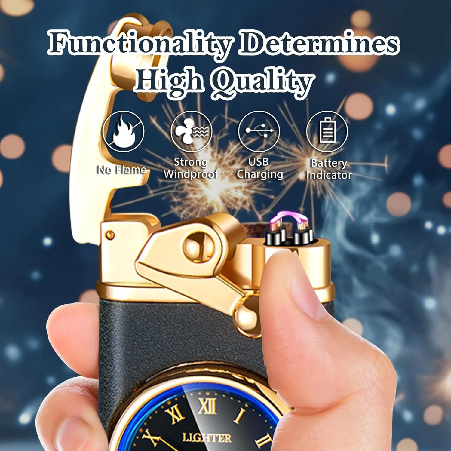 Electric Lighter USB Rechargeable Lighter, Windproof Dual Arc Plasma Lighter Lighter, Flameless Electronic Cool Lighters with LED Battery Indication for Men (Matte Black Clock)