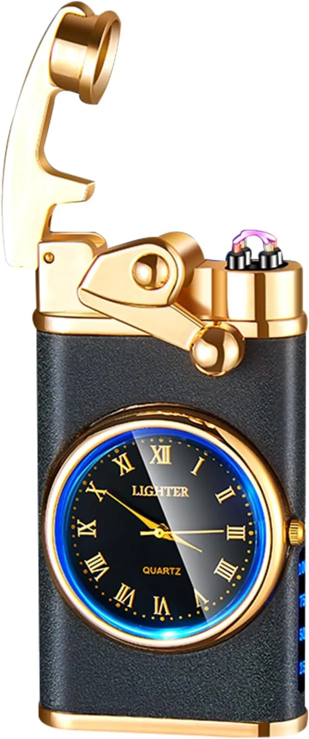 Electric Lighter USB Rechargeable Lighter, Windproof Dual Arc Plasma Lighter Lighter, Flameless Electronic Cool Lighters with LED Battery Indication for Men (Matte Black Clock)