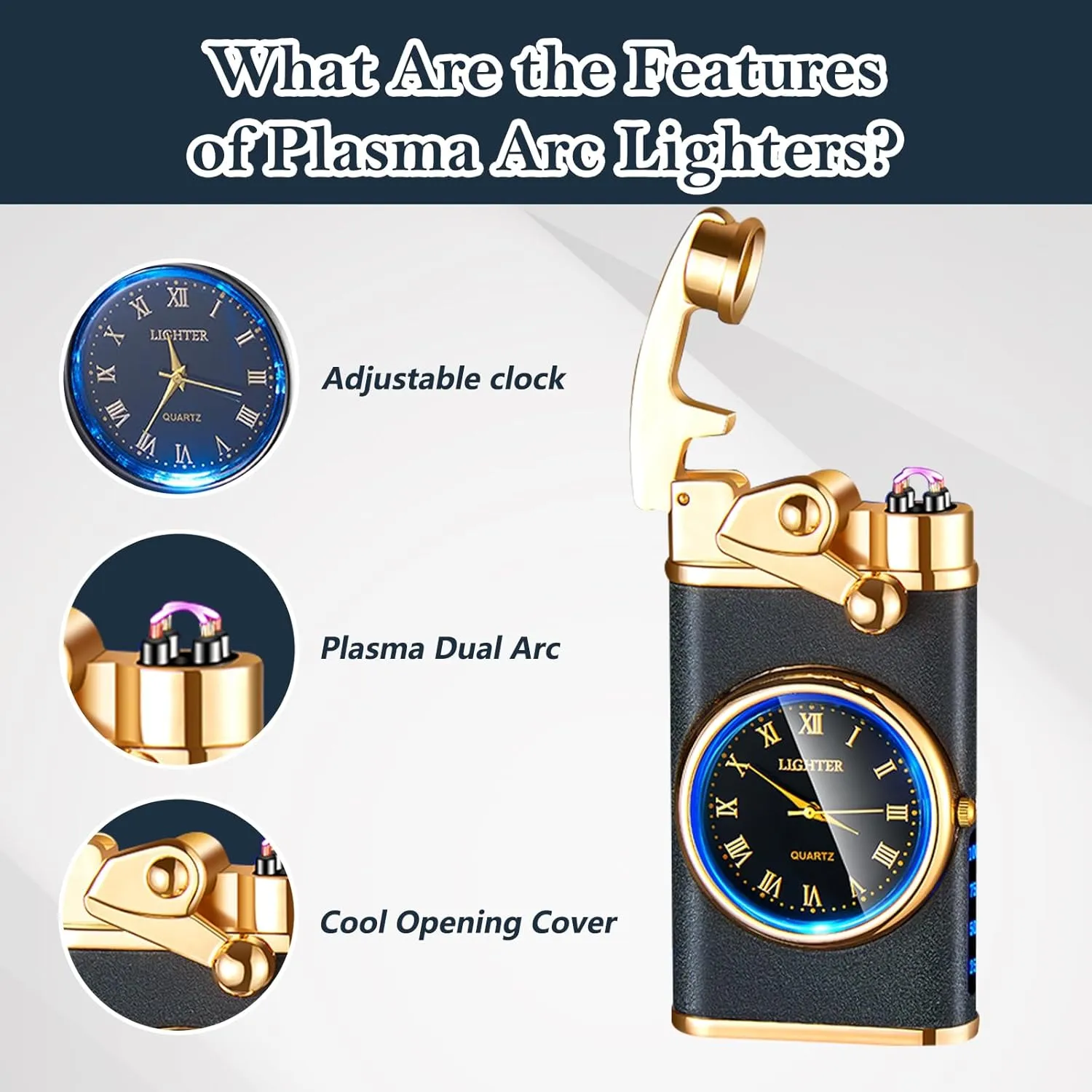 Electric Lighter USB Rechargeable Lighter, Windproof Dual Arc Plasma Lighter Lighter, Flameless Electronic Cool Lighters with LED Battery Indication for Men (Matte Black Clock)