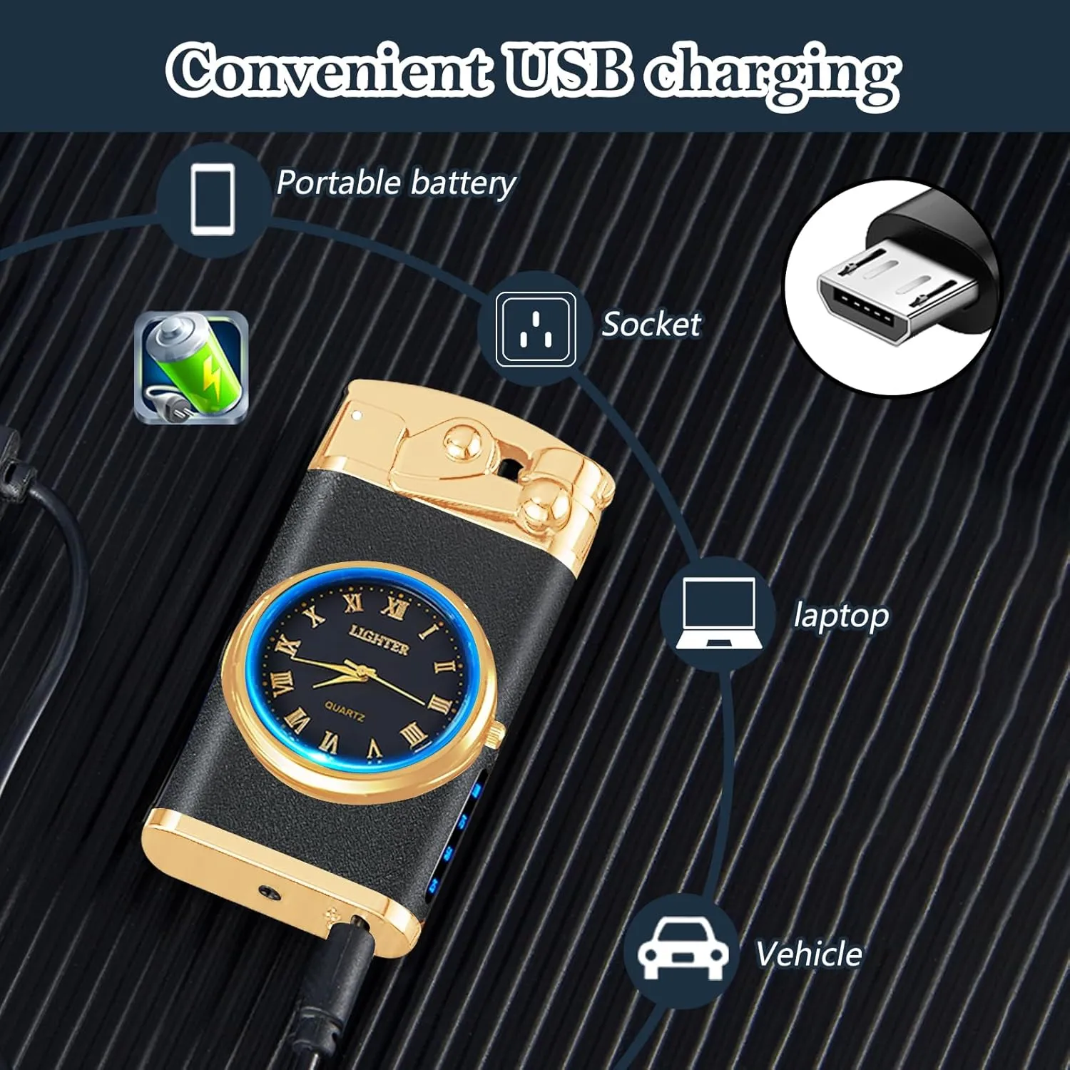 Electric Lighter USB Rechargeable Lighter, Windproof Dual Arc Plasma Lighter Lighter, Flameless Electronic Cool Lighters with LED Battery Indication for Men (Matte Black Clock)