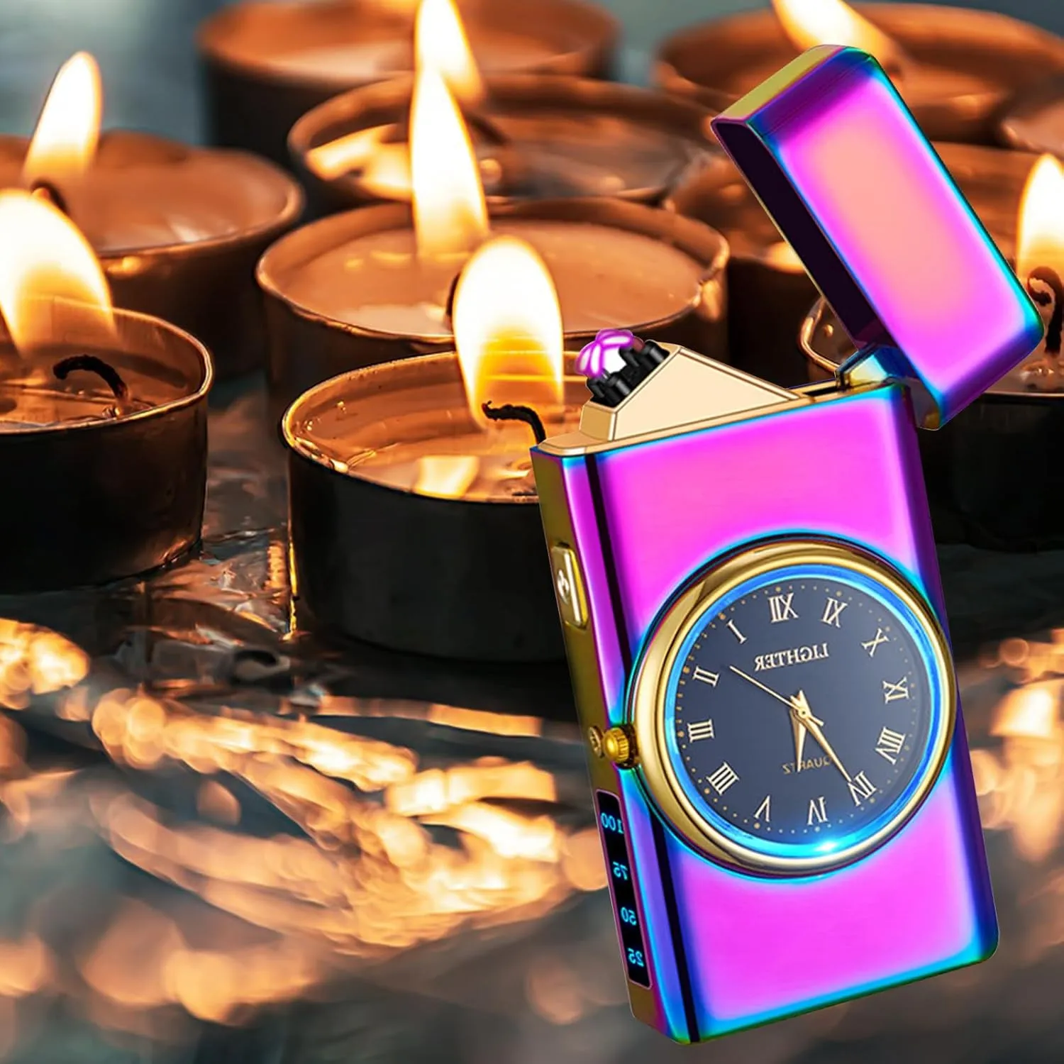 Electric Lighter USB Rechargeable Lighters Flameless Electric Lighter Windproof Dual Arc Lighter with LED Battery Indication for Candles, Outdoor Camping, Fireworks (Rainbow, 220mAh), HF2212 13