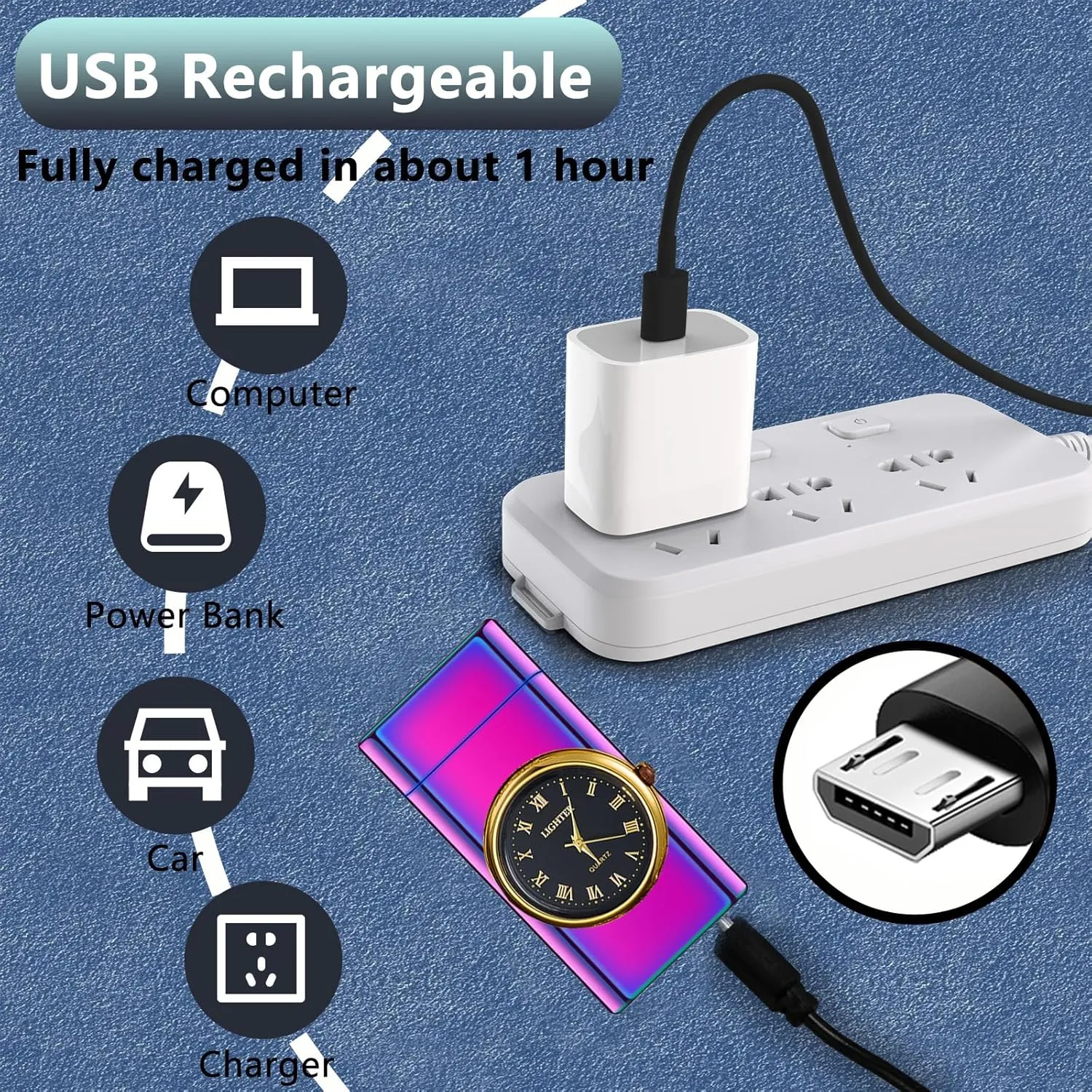 Electric Lighter USB Rechargeable Lighters Flameless Electric Lighter Windproof Dual Arc Lighter with LED Battery Indication for Candles, Outdoor Camping, Fireworks (Rainbow, 220mAh), HF2212 13