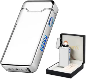 Electric Lighter USB Rechargeable Plasma Arc Lighter, High Power Flame Torch Lighter Windproof with LED Battery Indication for Candle, Incense, Camping Gifts (Silver)