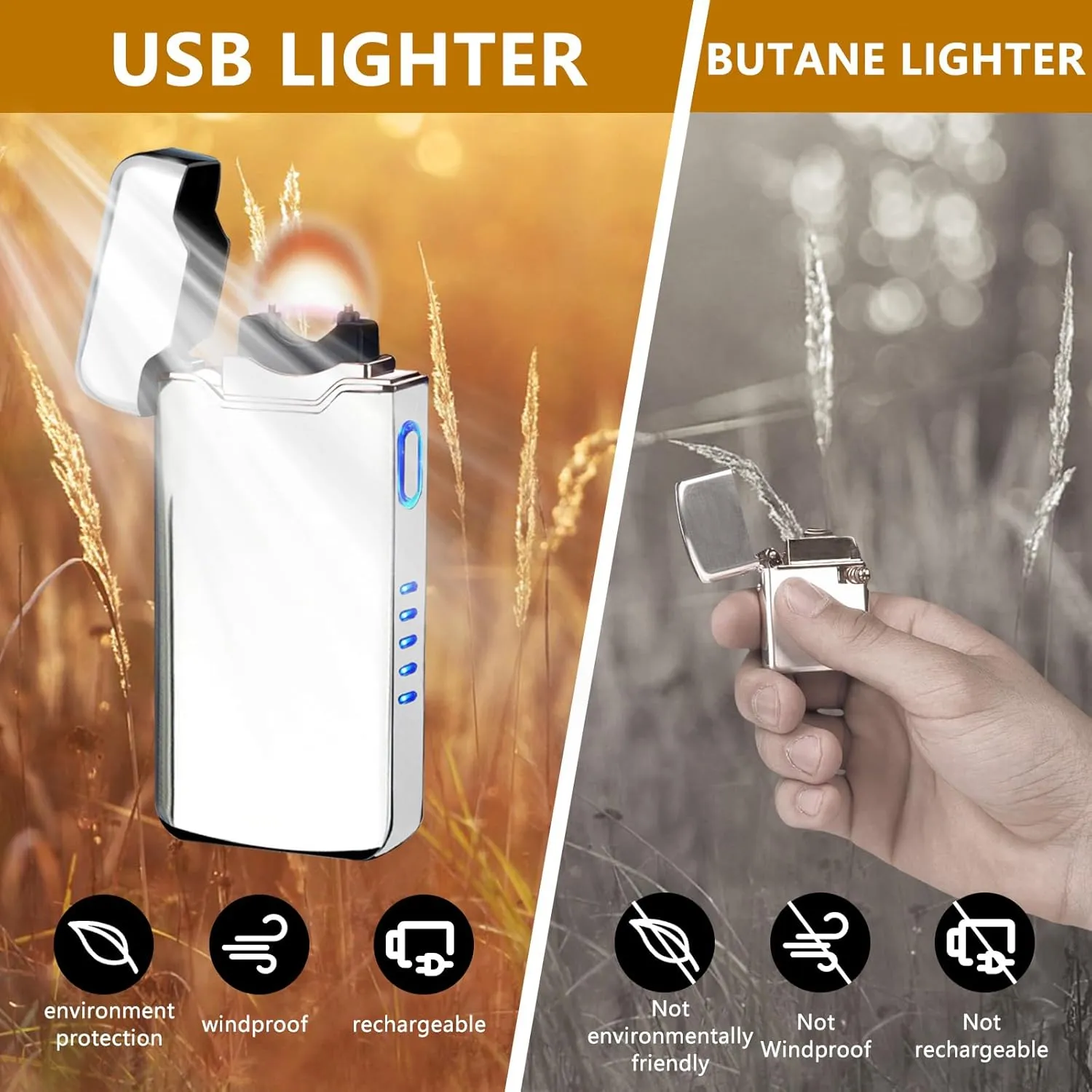 Electric Lighter USB Rechargeable Plasma Arc Lighter, High Power Flame Torch Lighter Windproof with LED Battery Indication for Candle, Incense, Camping Gifts (Silver)