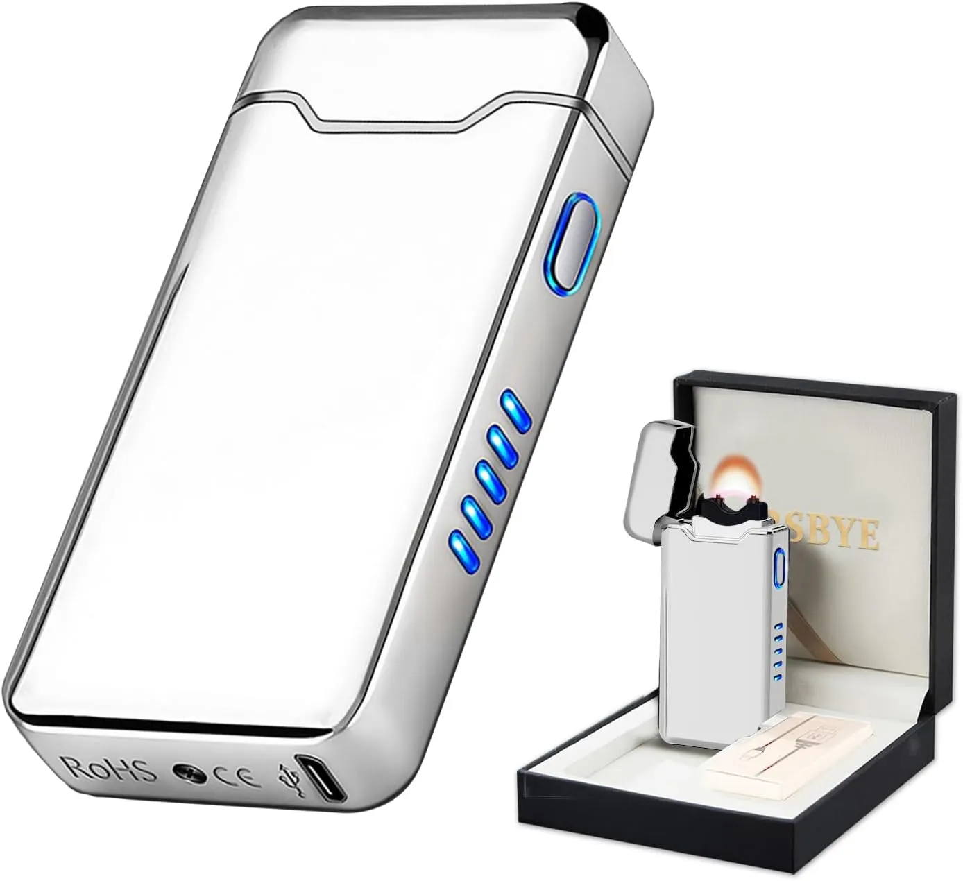 Electric Lighter USB Rechargeable Plasma Arc Lighter, High Power Flame Torch Lighter Windproof with LED Battery Indication for Candle, Incense, Camping Gifts (Silver)