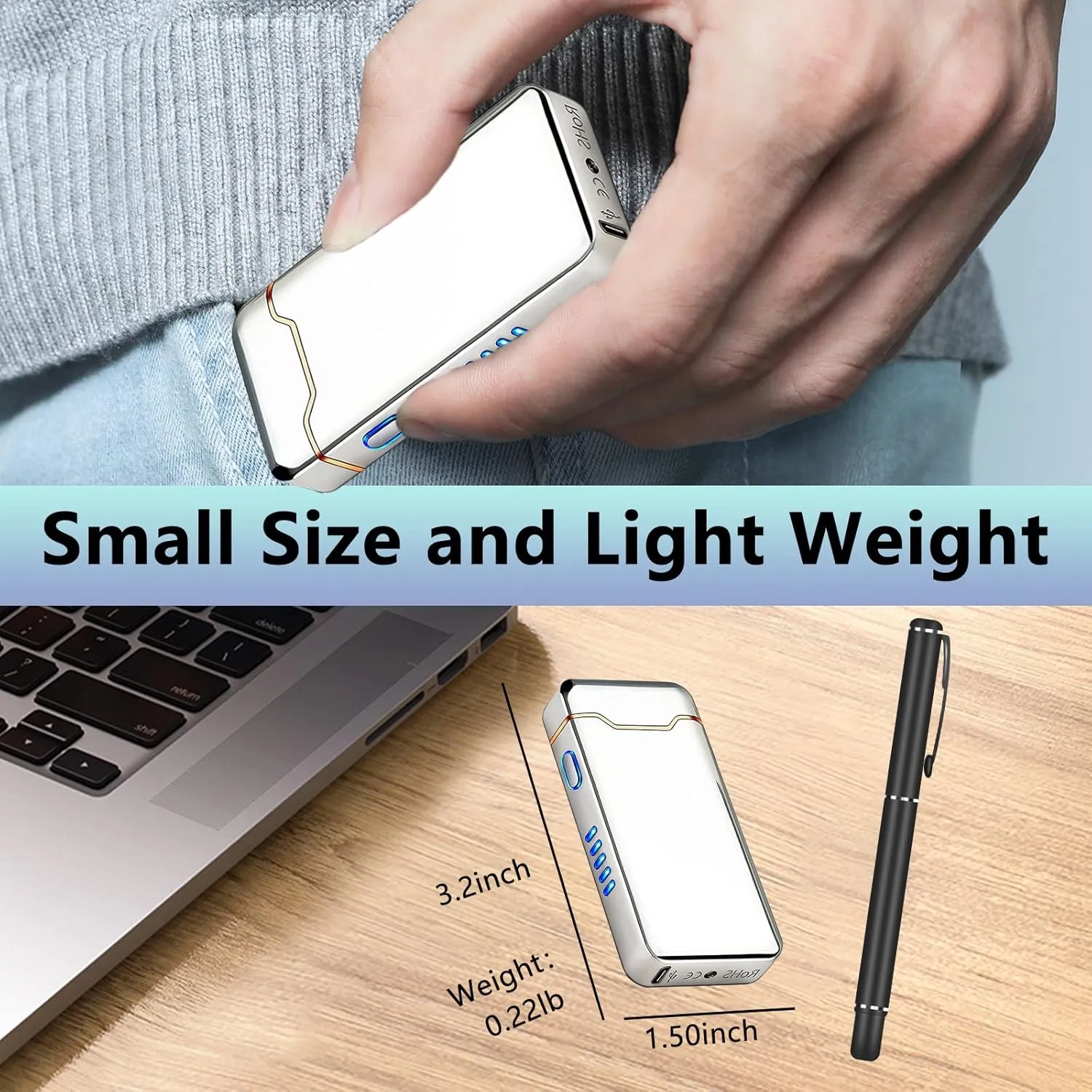 Electric Lighter USB Rechargeable Plasma Arc Lighter, High Power Flame Torch Lighter Windproof with LED Battery Indication for Candle, Incense, Camping Gifts (Silver)
