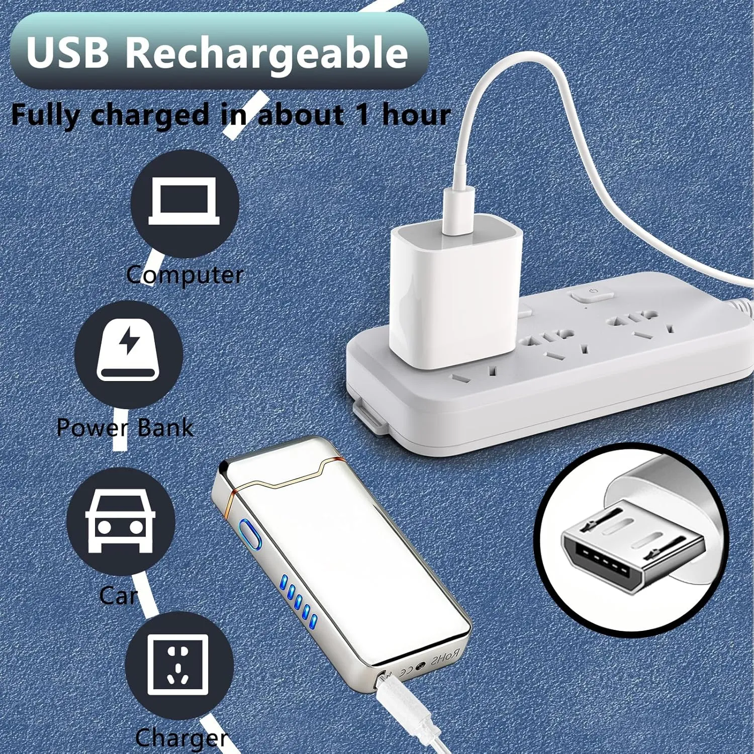 Electric Lighter USB Rechargeable Plasma Arc Lighter, High Power Flame Torch Lighter Windproof with LED Battery Indication for Candle, Incense, Camping Gifts (Silver)