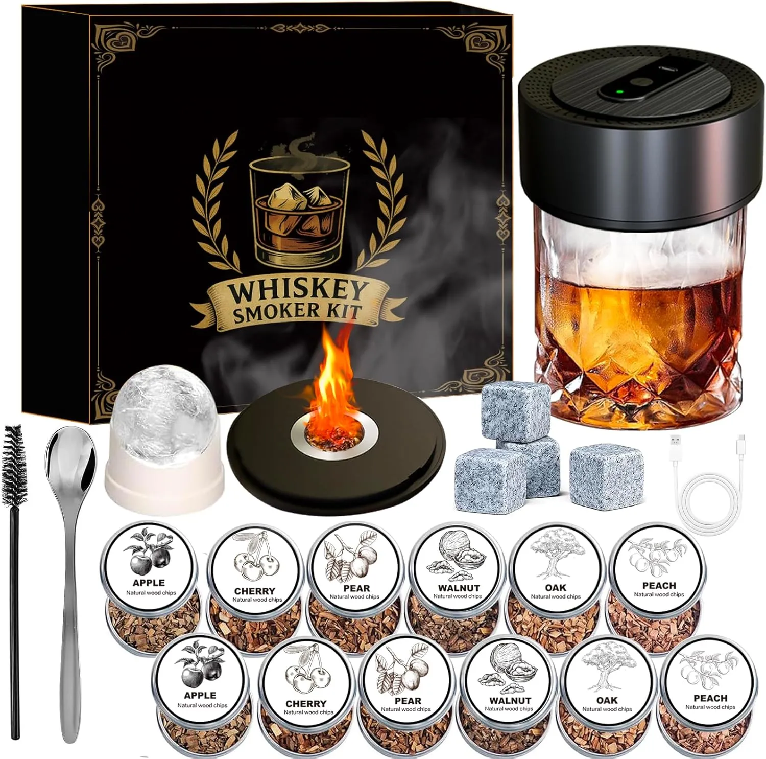 Electric Whiskey Smoker Kit with 12 Wood Chips, Rechargeable Cocktail Smoker Kit Built-in Lighter, No Butane Needed, Bourbon Whiskey Gifts for Men, Dad, Husband – Birthday, Christmas, Anniversary