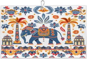 Elephant Coconut Tree Golf Towel with Heavy Duty Carabiner Clip Quick Dry Ultra Absorbent Club Ball Cleaning Towel Golf Accessories for Men Women