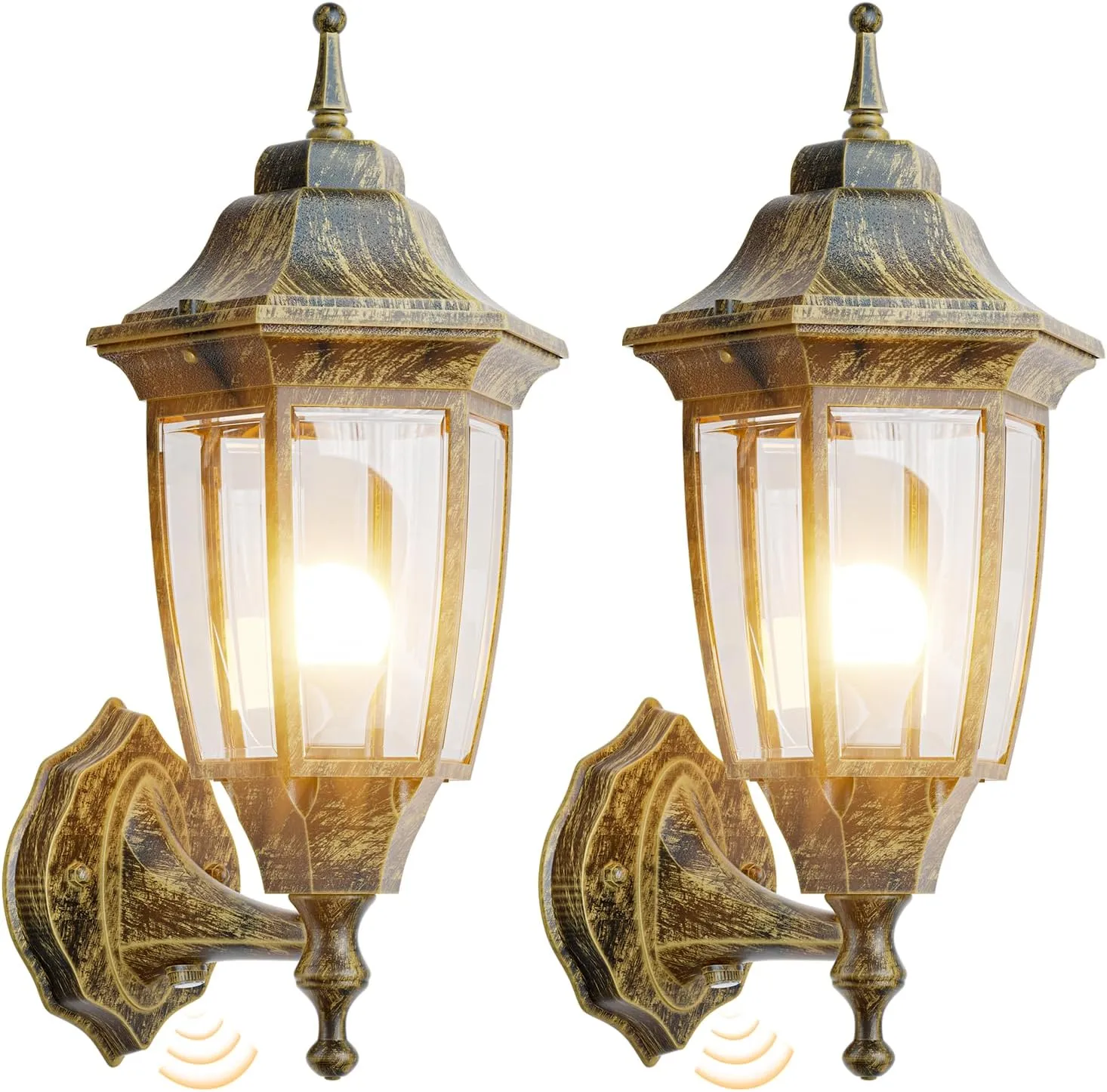 EMART Dusk to Dawn Outdoor Porch Light, Exterior Anti-Corrosion, Waterproof Aluminum & Glass Shades Wall Lamp Fixture, Modern Sconce Lantern for Yard, House, Garage - 2 Pack, Gold （Bulb Included）