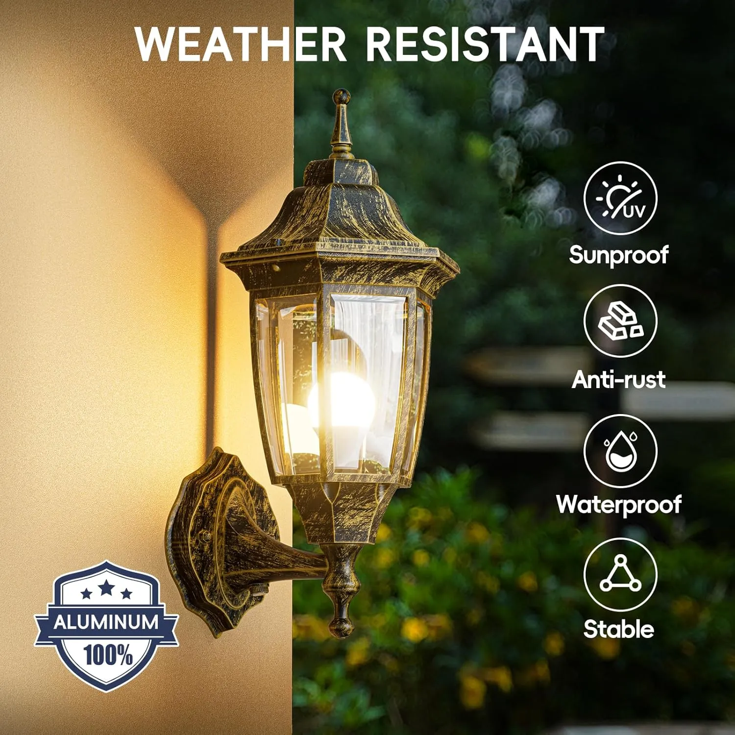 EMART Dusk to Dawn Outdoor Porch Light, Exterior Anti-Corrosion, Waterproof Aluminum & Glass Shades Wall Lamp Fixture, Modern Sconce Lantern for Yard, House, Garage - 2 Pack, Gold （Bulb Included）