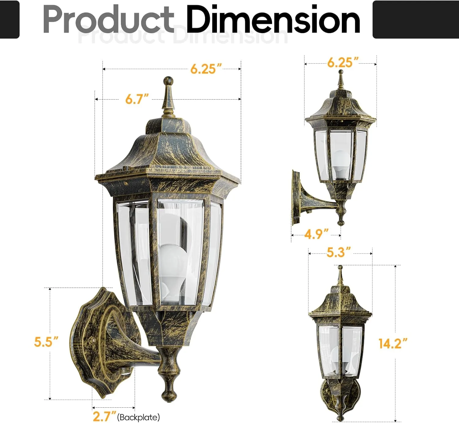 EMART Dusk to Dawn Outdoor Porch Light, Exterior Anti-Corrosion, Waterproof Aluminum & Glass Shades Wall Lamp Fixture, Modern Sconce Lantern for Yard, House, Garage - 2 Pack, Gold （Bulb Included）