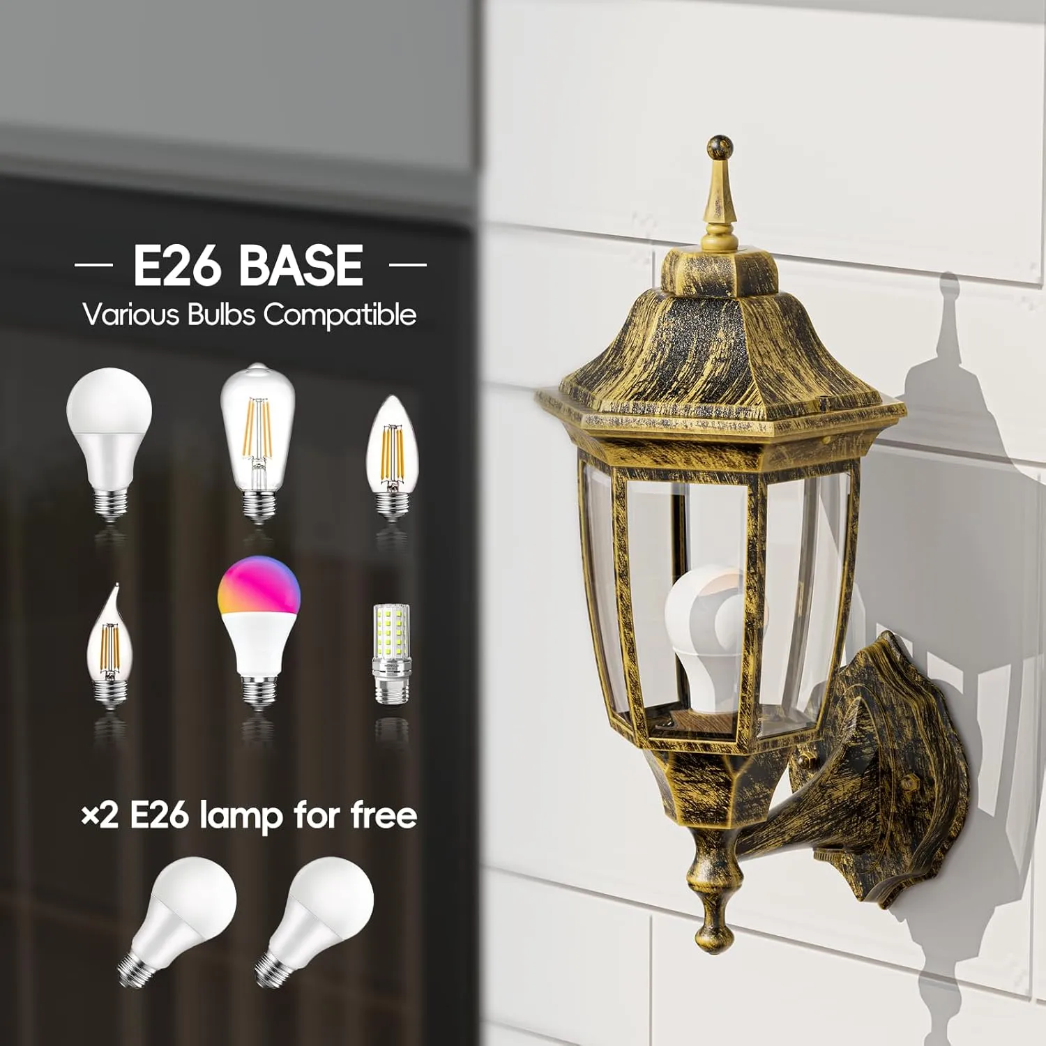 EMART Dusk to Dawn Outdoor Porch Light, Exterior Anti-Corrosion, Waterproof Aluminum & Glass Shades Wall Lamp Fixture, Modern Sconce Lantern for Yard, House, Garage - 2 Pack, Gold （Bulb Included）