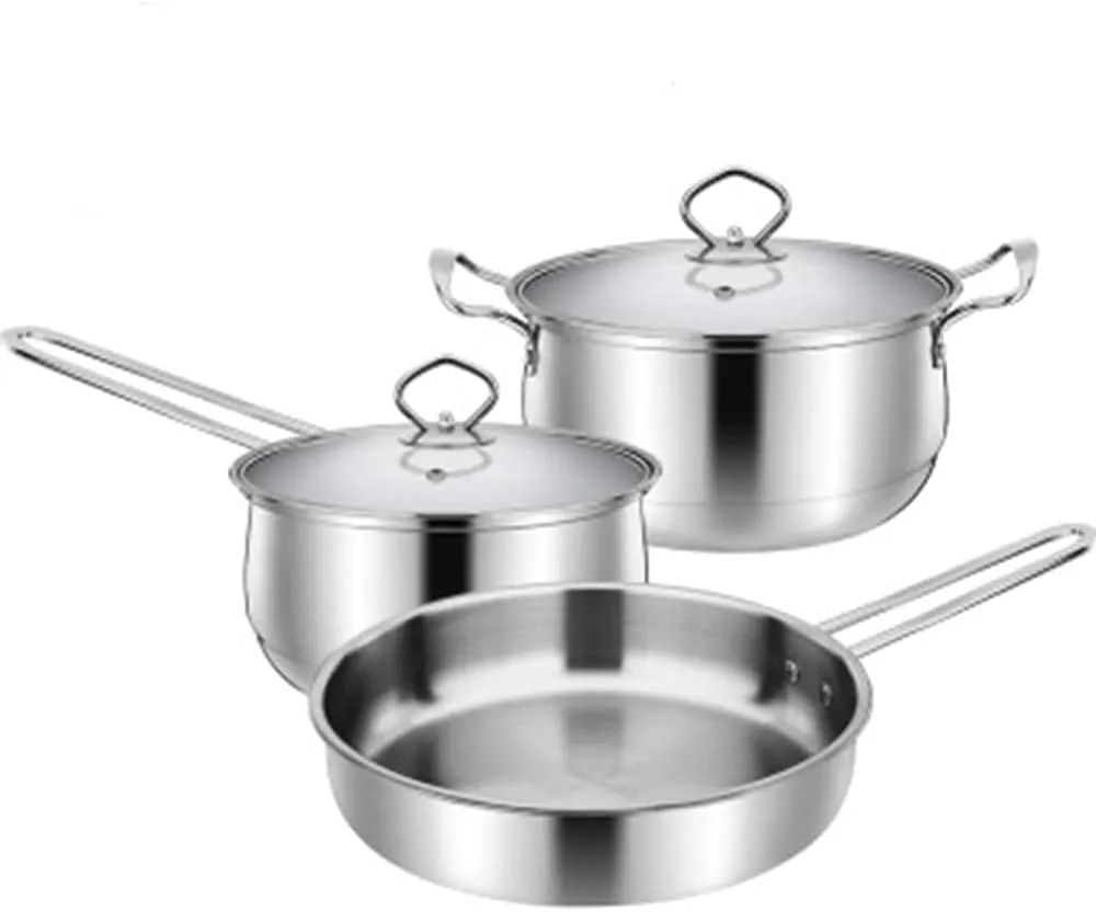 Equip Frying Pan and Saucepan Set 3Piece Non Stick Ceramic Coating Stainless Steel Material with Tempered Glass Cover Frying Pan Soup Pot Wok Easy to Clean Omel