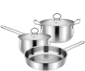 Equip Frying Pan and Saucepan Set 3Piece Non Stick Ceramic Coating Stainless Steel Material with Tempered Glass Cover Frying Pan Soup Pot Wok Easy to Clean Omel