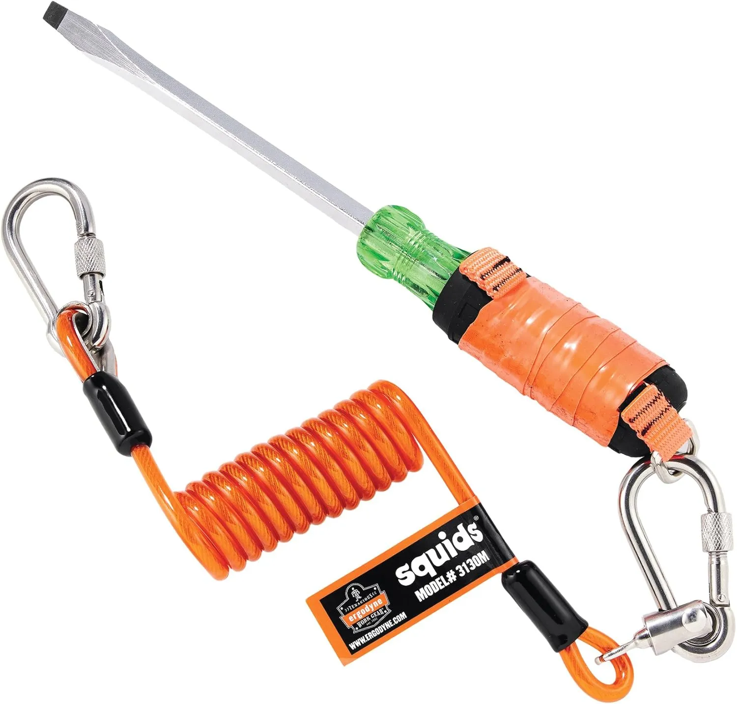 Ergodyne Squids 3130M Coiled Cable Tool Lanyard with Dual Stainless Steel Carabiners, 5 Pounds