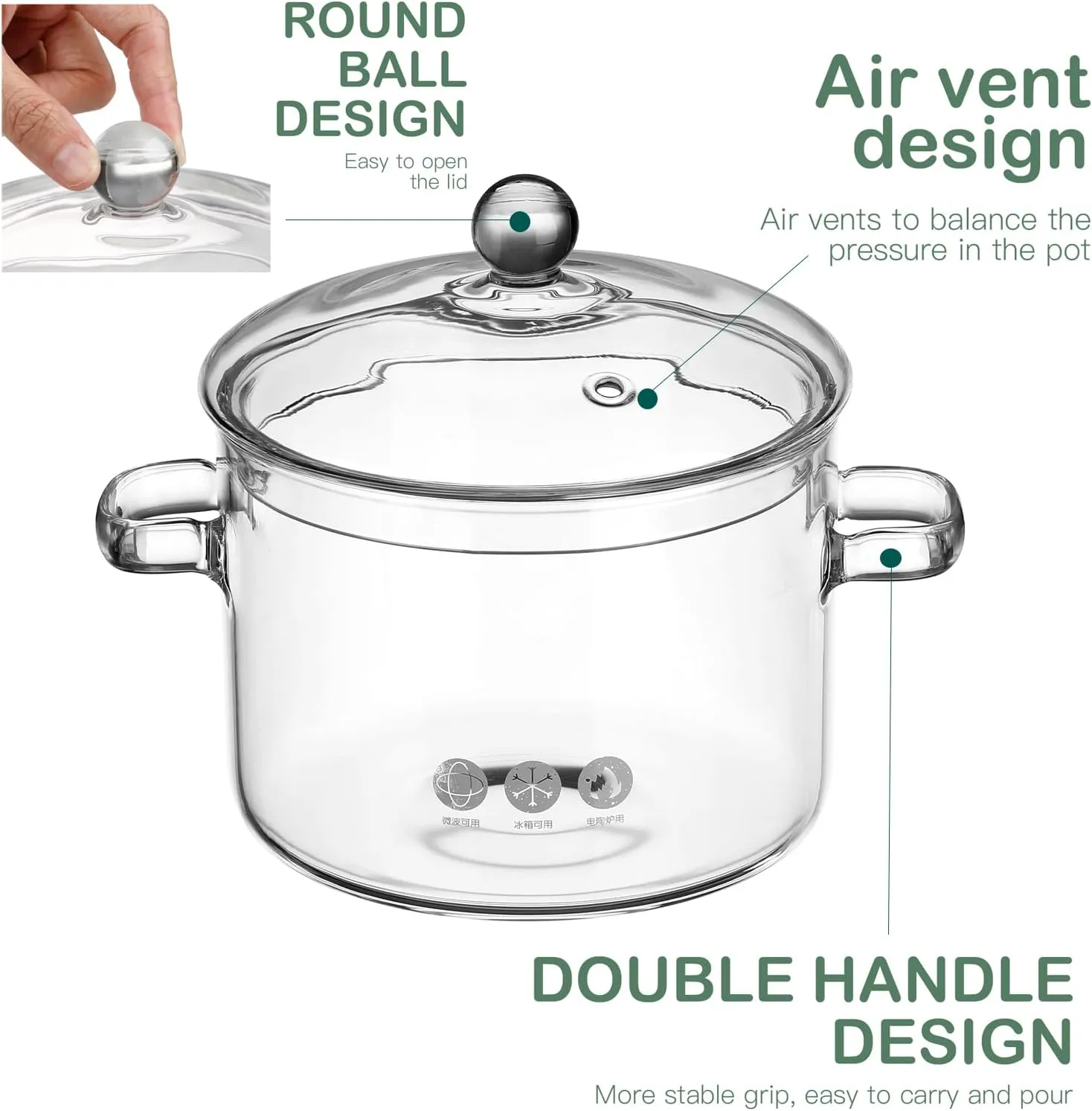 ERINGOGO Glass Saucepan with Lid, 1900ML Glass Cooking Pot Clear Simmer Pot with Handles,Heat-Resistant Stovetop Soup Cookware Borosilicate Glass Cookware, for Pasta Noodle, Soup, Milk, Baby Food