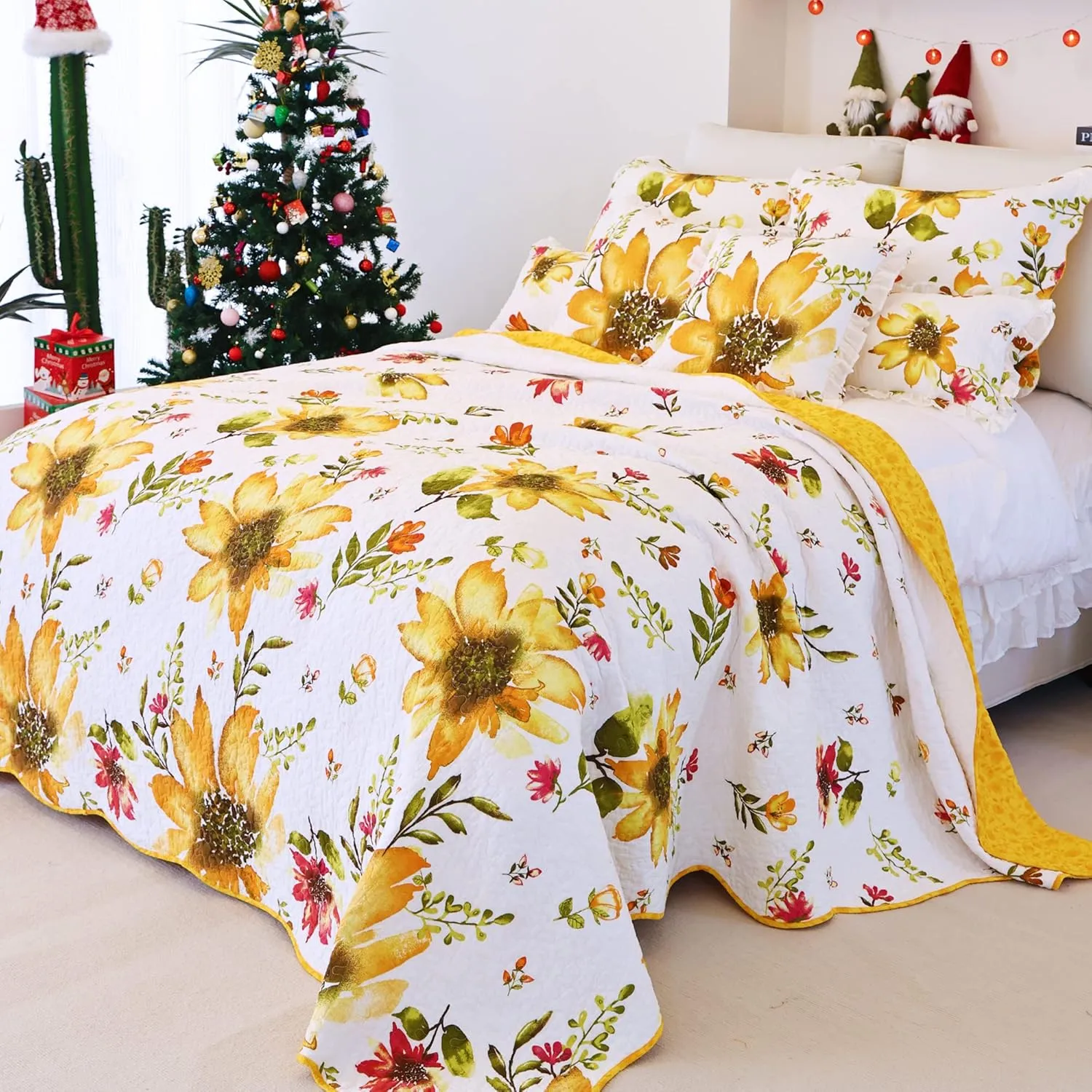 EVENHUG 100% Cotton Quilt King Size Yellow Sunflower Bedding Set Floral Lightweight Quilt Reversible Coverlet Bedspread with 2 Pillow Shams All Seasons 3 Pieces (106"x96")