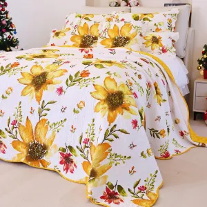 EVENHUG 100% Cotton Quilt King Size Yellow Sunflower Bedding Set Floral Lightweight Quilt Reversible Coverlet Bedspread with 2 Pillow Shams All Seasons 3 Pieces (106"x96")