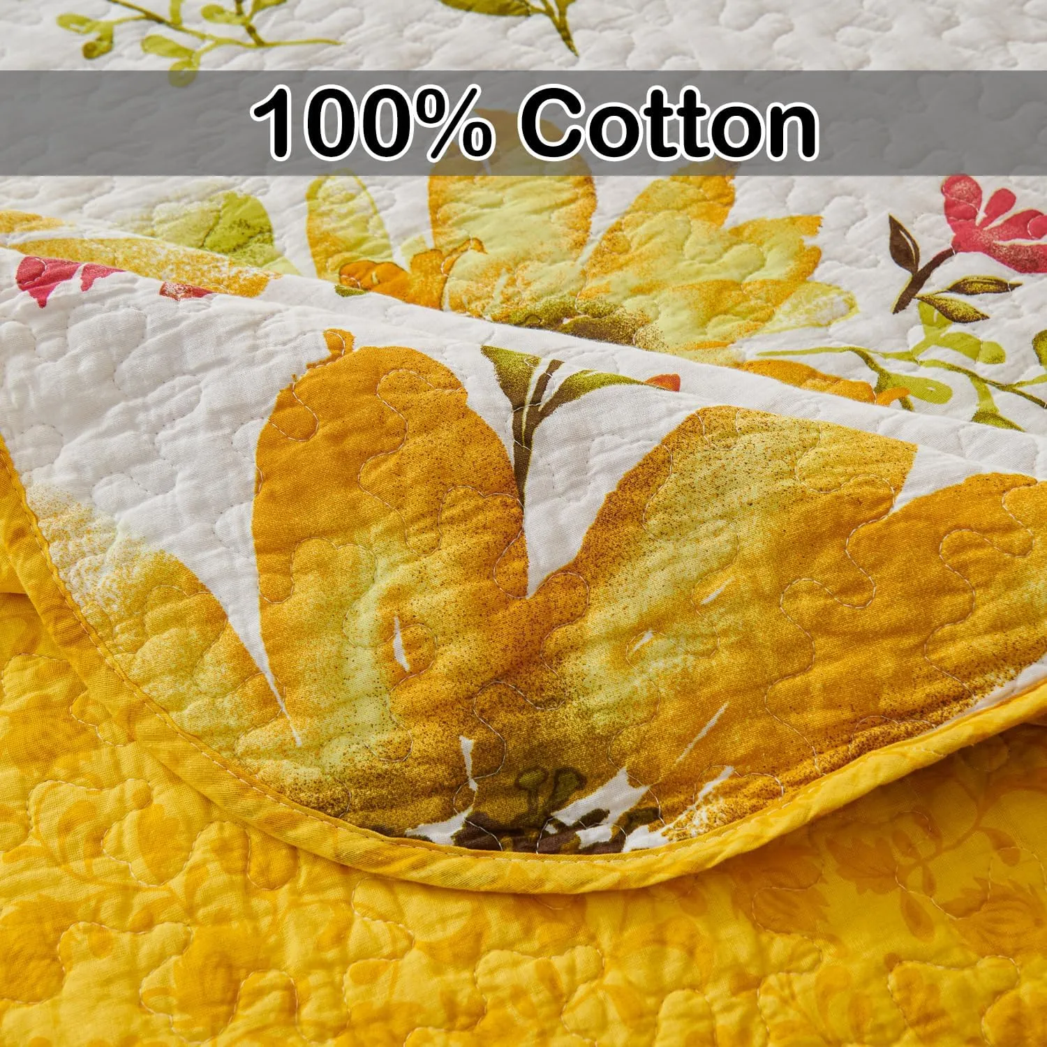 EVENHUG 100% Cotton Quilt King Size Yellow Sunflower Bedding Set Floral Lightweight Quilt Reversible Coverlet Bedspread with 2 Pillow Shams All Seasons 3 Pieces (106"x96")