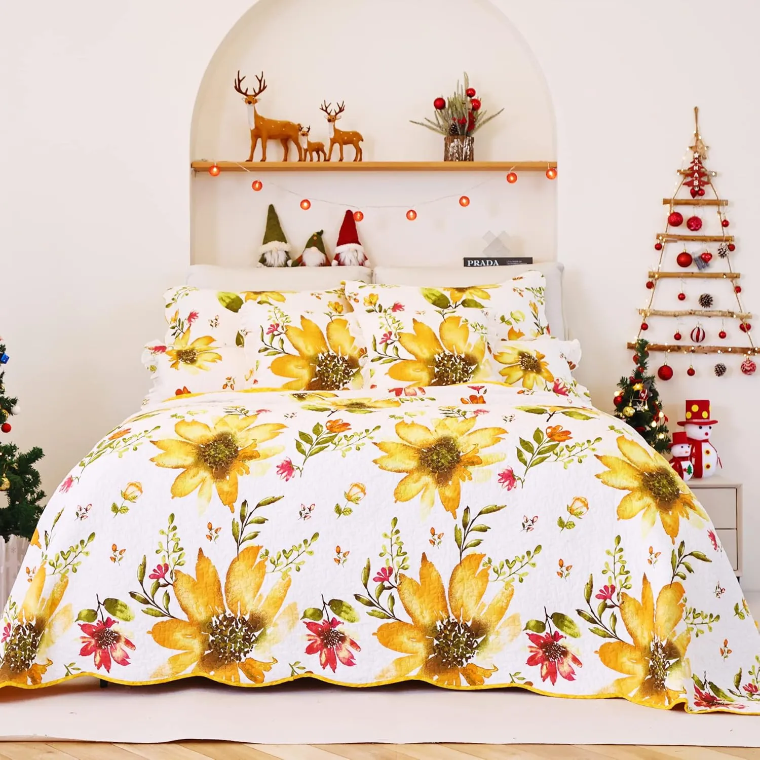 EVENHUG 100% Cotton Quilt King Size Yellow Sunflower Bedding Set Floral Lightweight Quilt Reversible Coverlet Bedspread with 2 Pillow Shams All Seasons 3 Pieces (106"x96")