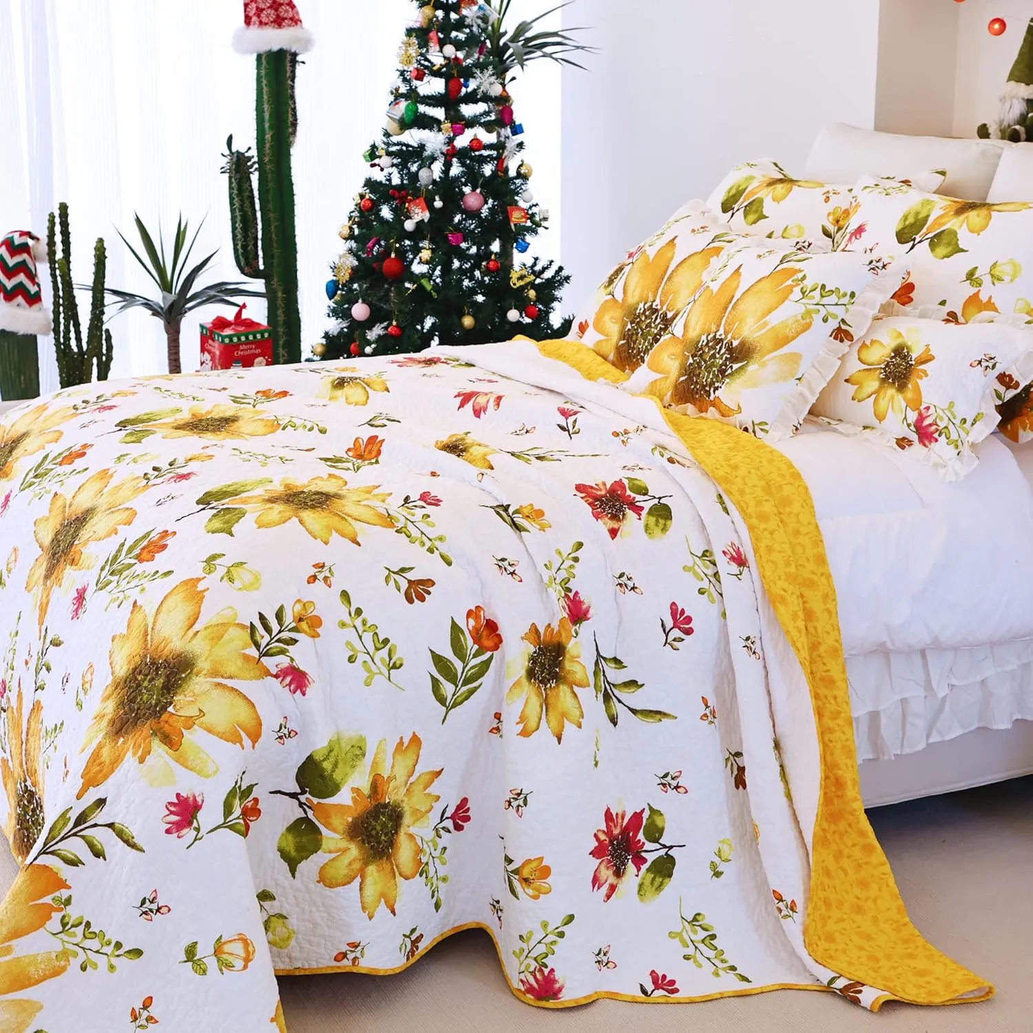 EVENHUG 100% Cotton Quilt King Size Yellow Sunflower Bedding Set Floral Lightweight Quilt Reversible Coverlet Bedspread with 2 Pillow Shams All Seasons 3 Pieces (106"x96")