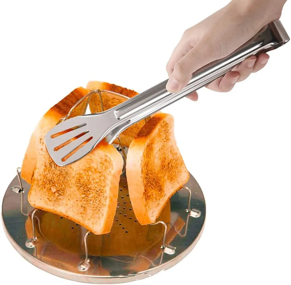 Family Camping Toaster, Stainless Steel Round Base Wire Pyramid Folding 4 Slice Rack Gas Stove Base Camp Cooking (B)