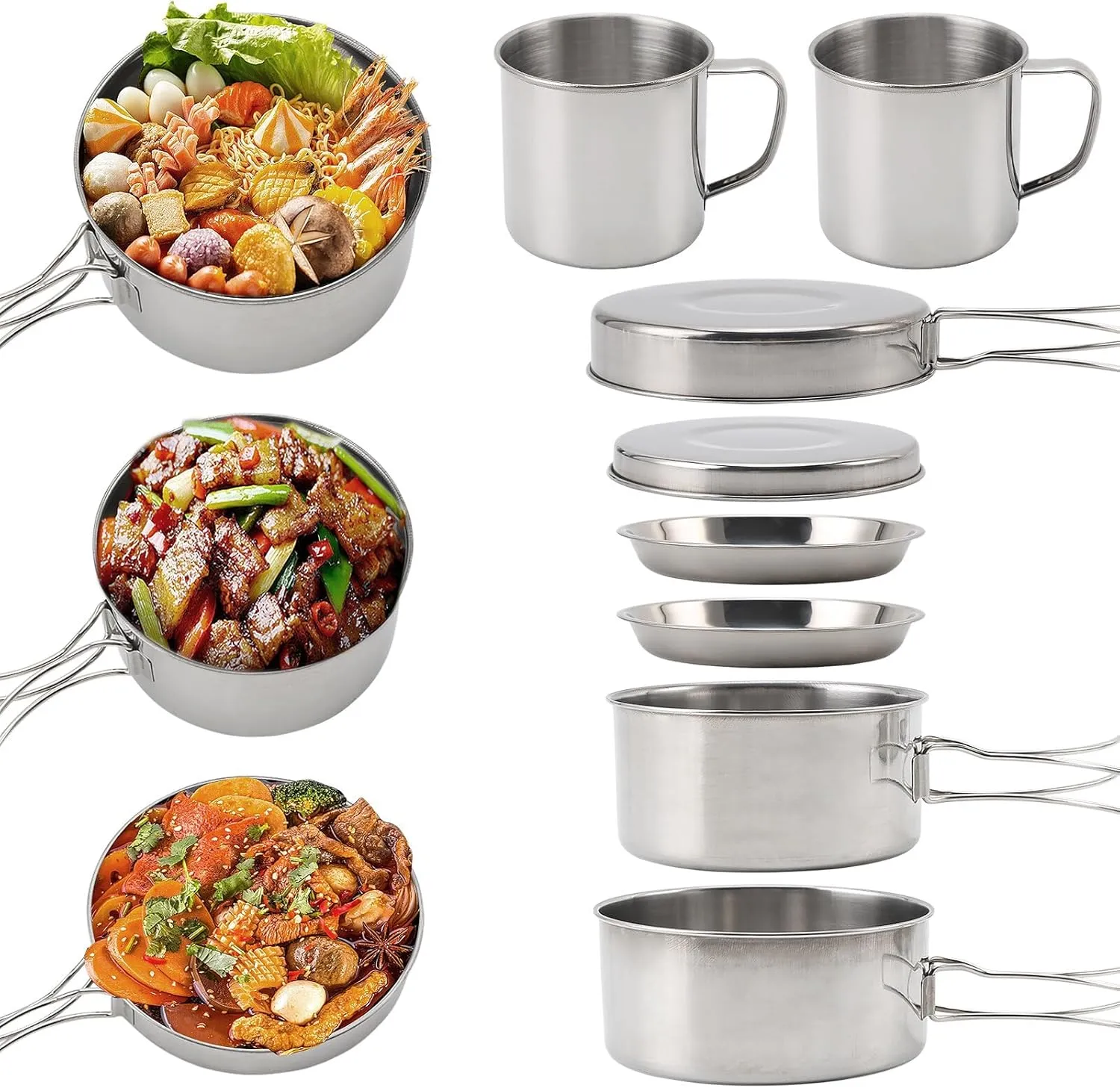 FAMKIT 8pcs Outdoor Cooking Set,Lightweight 2 Pots,1 Pan,2 Plates, 2 Cups with 1 pan Cover,Camping Cooking Set for Camping, Picnic, RVs for 3-4 People