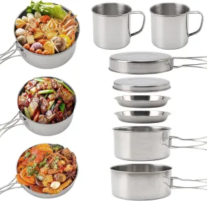 FAMKIT 8pcs Outdoor Cooking Set,Lightweight 2 Pots,1 Pan,2 Plates, 2 Cups with 1 pan Cover,Camping Cooking Set for Camping, Picnic, RVs for 3-4 People