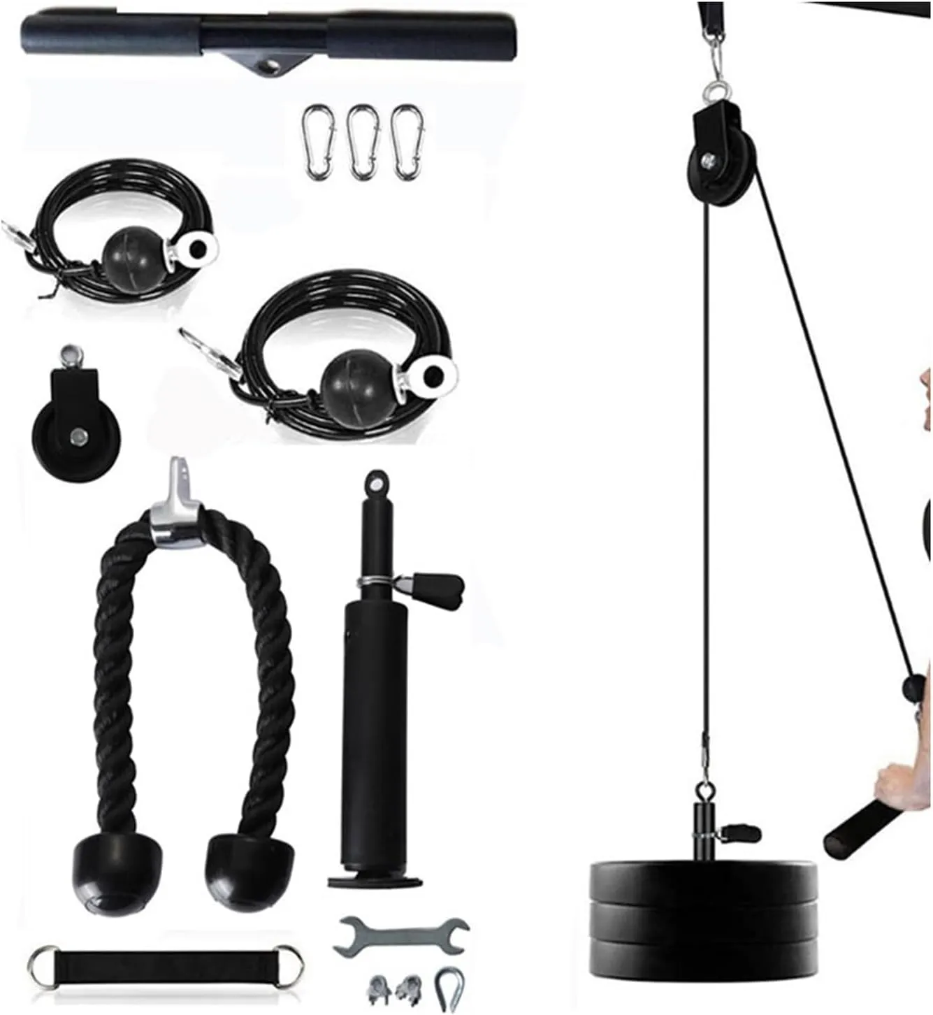 Fitness Cable Pulley System,Tricep Rope, Exercise Machine Attachments Pulley System Gym Pull Down Rope with Carabiner, Loading Pin Weight Plate